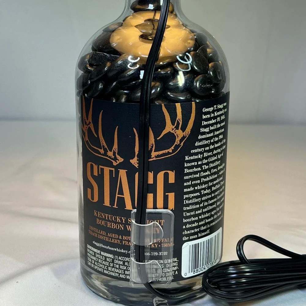 Stagg Bourbon Whiskey Bottle Lamp with Black River Stones and White Shade 15.5in